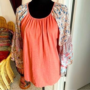Anthropologie UMGEE USA Deep Peach Knit Bodice with Multi Print Sleeves. Large